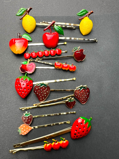 Vintage FRUIT Bobby Pins / Hair slides Apples, Cherries, Lemons, Strawberries, Peaches