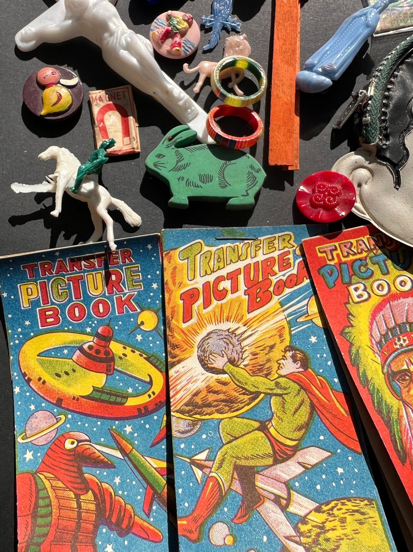 Job Lot of Vintage Toys Buttons, Transfers Etc from the Bottom of a Box (A)