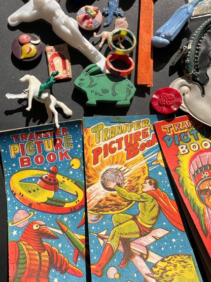 Job Lot of Vintage Toys Buttons, Transfers Etc from the Bottom of a Box (A)