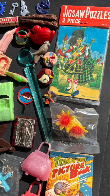 Job Lot of Vintage Toys Buttons, Transfers Etc from the Bottom of a Box (A)