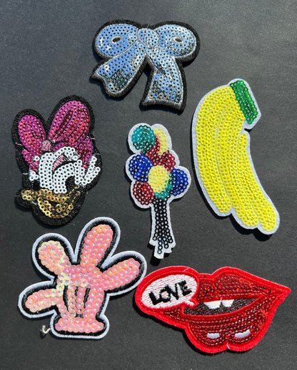 Job Lot of 6 Assorted Sequin Iron-On Appliques / Patches (8)