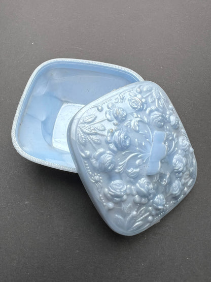 Pretty Blue Vintage Container with Flowers on the Lid for Precious Things