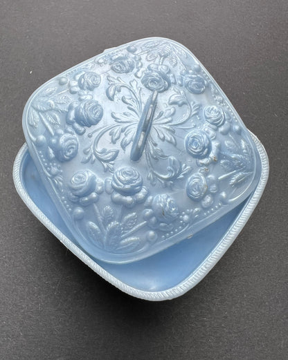 Pretty Blue Vintage Container with Flowers on the Lid for Precious Things