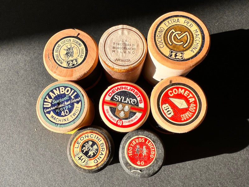 8 Old Wooden Cotton Reels with Lovely Labels. (4)