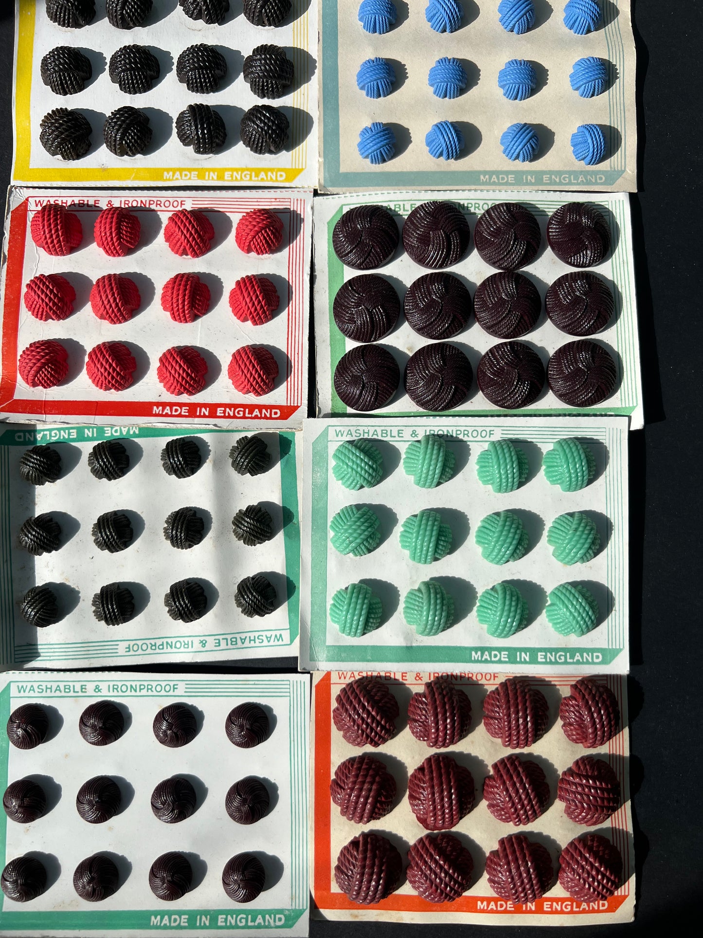 8 Sheets x 12 Vintage 1940s English Bakelite + Catalin  Buttons  1.5- 2.2cm