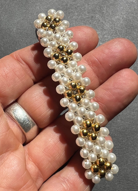 vintage Beaded hair clip with white pearls and gold beads 8cm