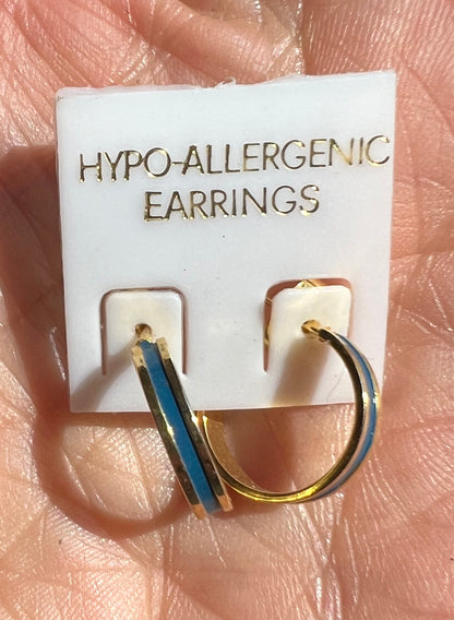 Blue and Gold Enamel 1980s Hoop  Earrings