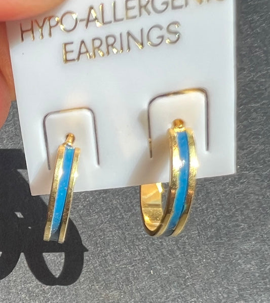 Blue and Gold Enamel 1980s Hoop  Earrings