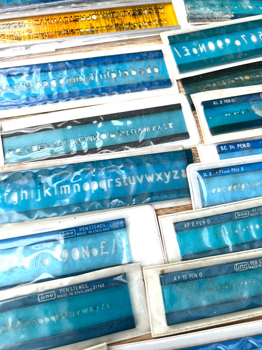 20 Vintage UNO and 1 Rotring Stencils - All Different.