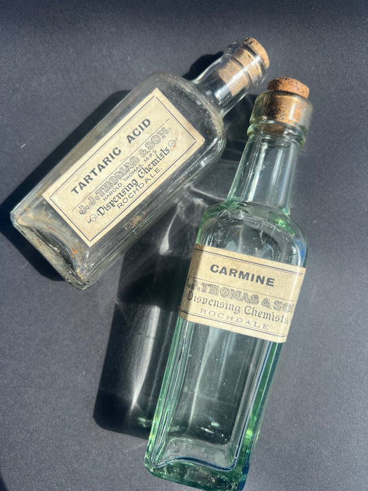 Two Old Glass Bottles With Original Labels - J.J. Thomas ROCHDALE