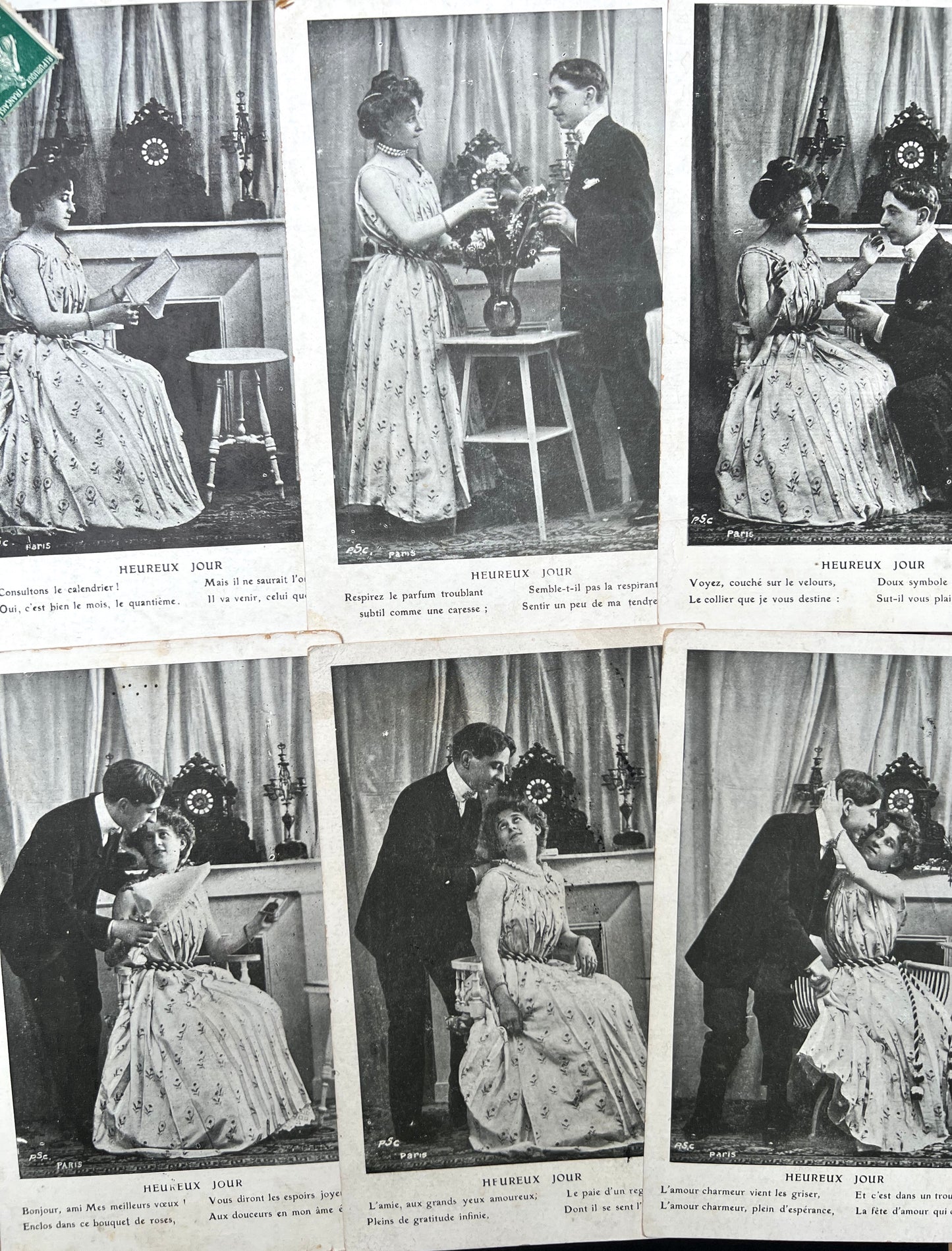 A Series of 6 French Postcards of a Courting Couple dated 1909 "Happy Day"