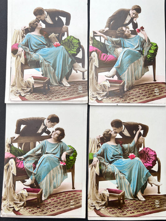 A Series of 4 French Hand Tinted Postcards of a Courting Couple in the Early 1920s.