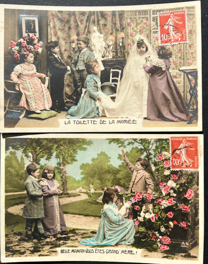 A Series of 7 French Postcards from 1910 ..a Story of  Courtship, Marriage and 1st Baby