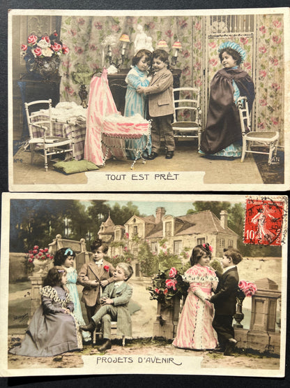 A Series of 7 French Postcards from 1910 ..a Story of  Courtship, Marriage and 1st Baby