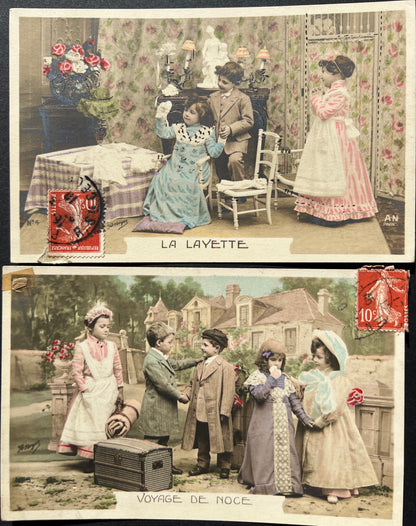 A Series of 7 French Postcards from 1910 ..a Story of  Courtship, Marriage and 1st Baby