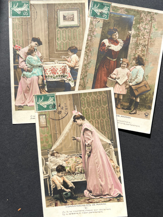 A Series of 3 French Postcards from 1908 ..Mothers Rules !