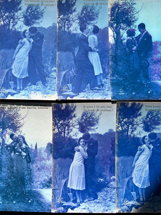 6 French Blue Tinted Romantic 1920s Postcards