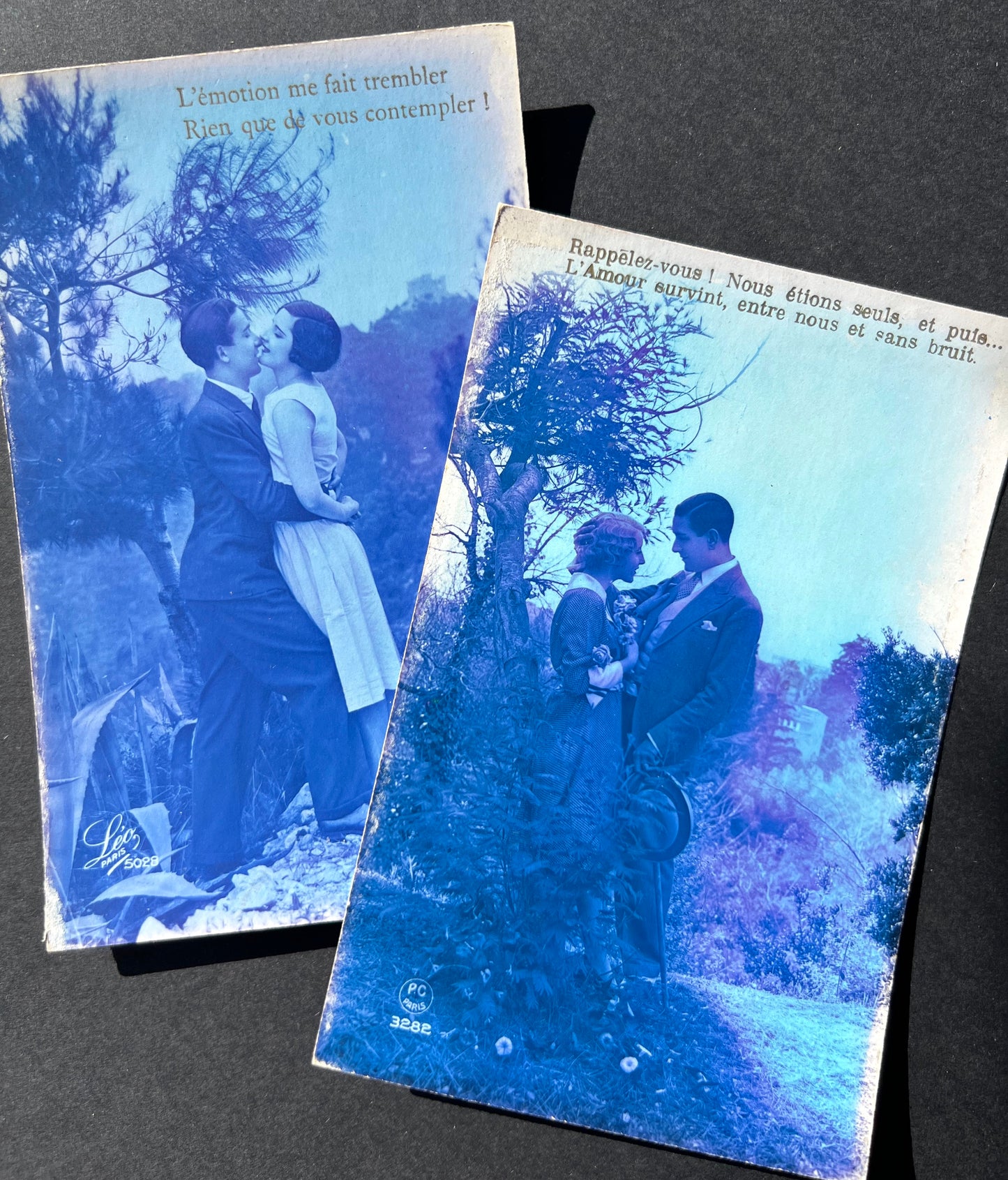 6 French Blue Tinted Romantic 1920s Postcards