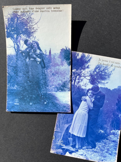 6 French Blue Tinted Romantic 1920s Postcards