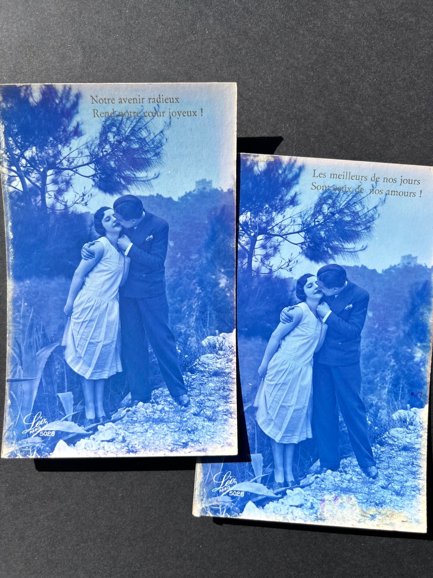 6 French Blue Tinted Romantic 1920s Postcards