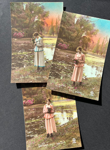 A Series of 5 French Hand Tinted Romantic Postcards dated 1922