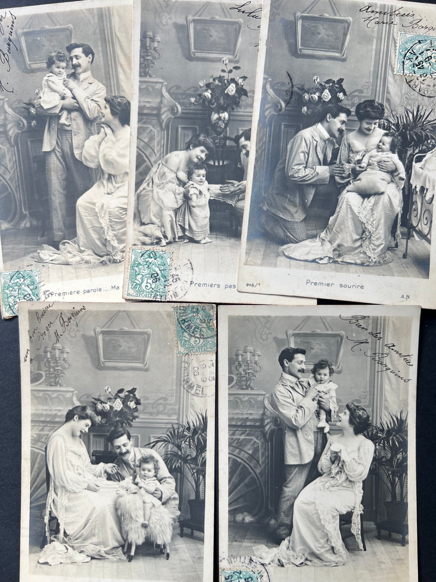 Set of 5 French Postcards from 1906 of Baby's First word, Toy, Step, Tooth, Refusal