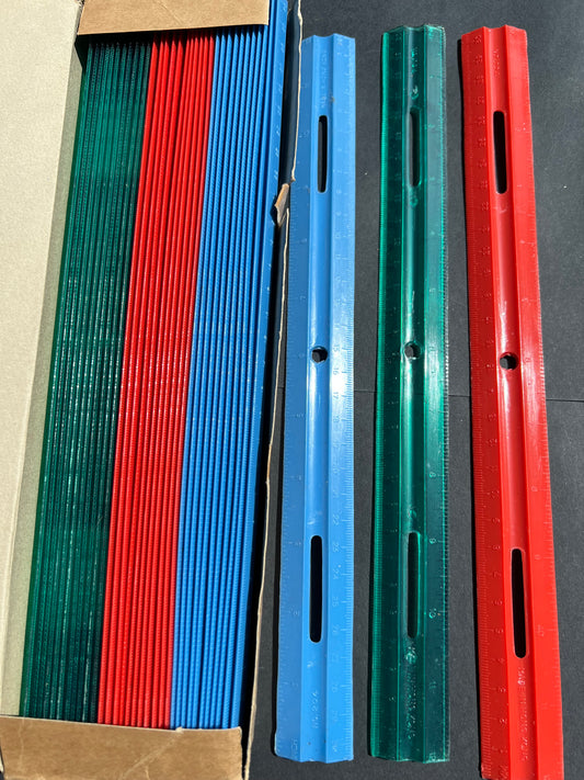 Box of 36 1960s Plastic Rulers - 12"/30cm  Green, Red and Blue