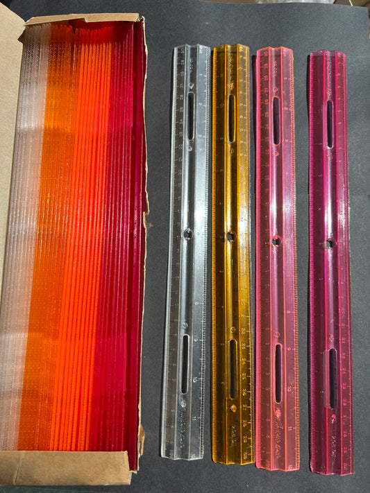 Box of 36 1960s Plastic Rulers - 12"/30cm Pink, Red, Orange, Clear