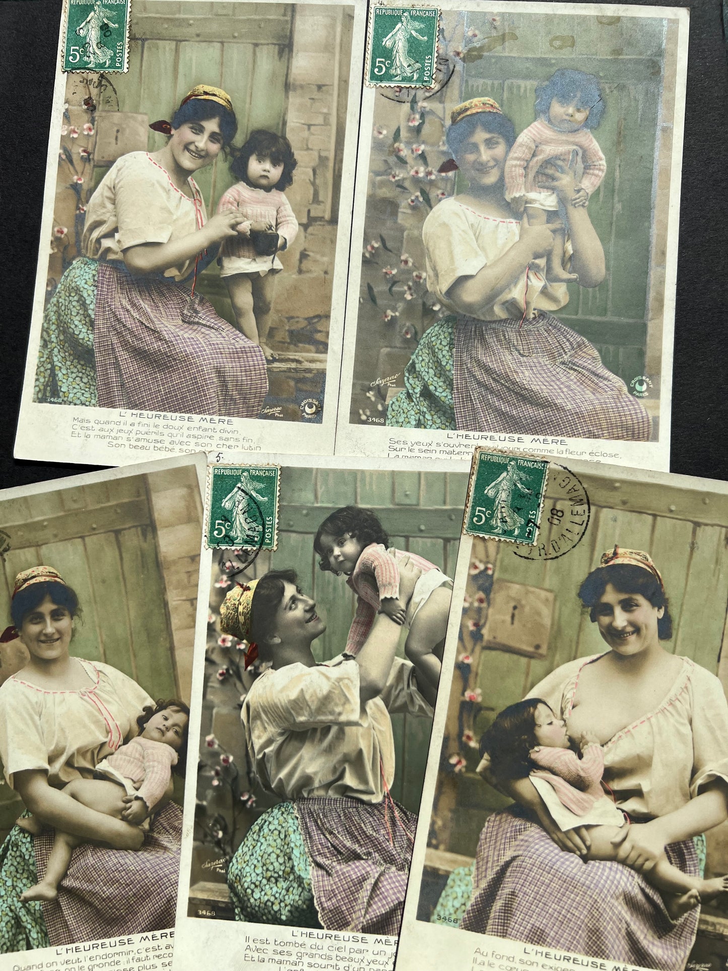 "The Happy Mother" Set of 5 French Postcards from 1908 of a Mother and Baby