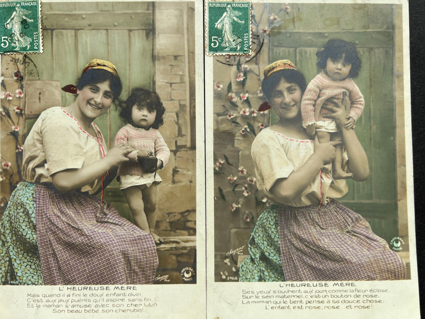 "The Happy Mother" Set of 5 French Postcards from 1908 of a Mother and Baby