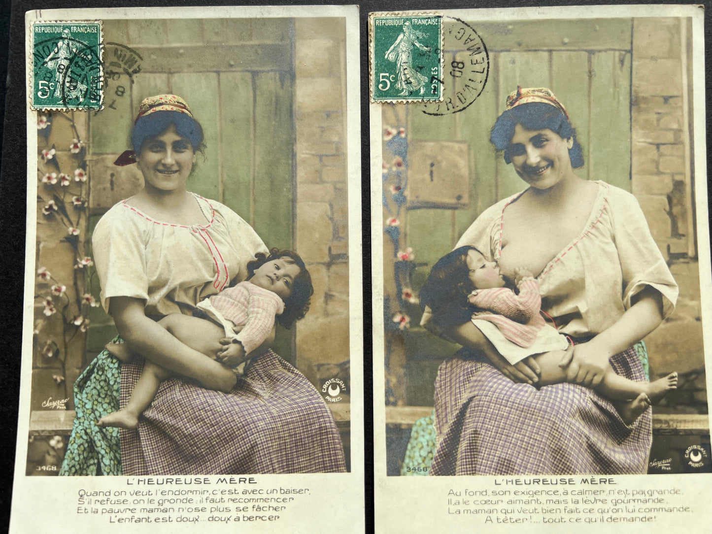 "The Happy Mother" Set of 5 French Postcards from 1908 of a Mother and Baby