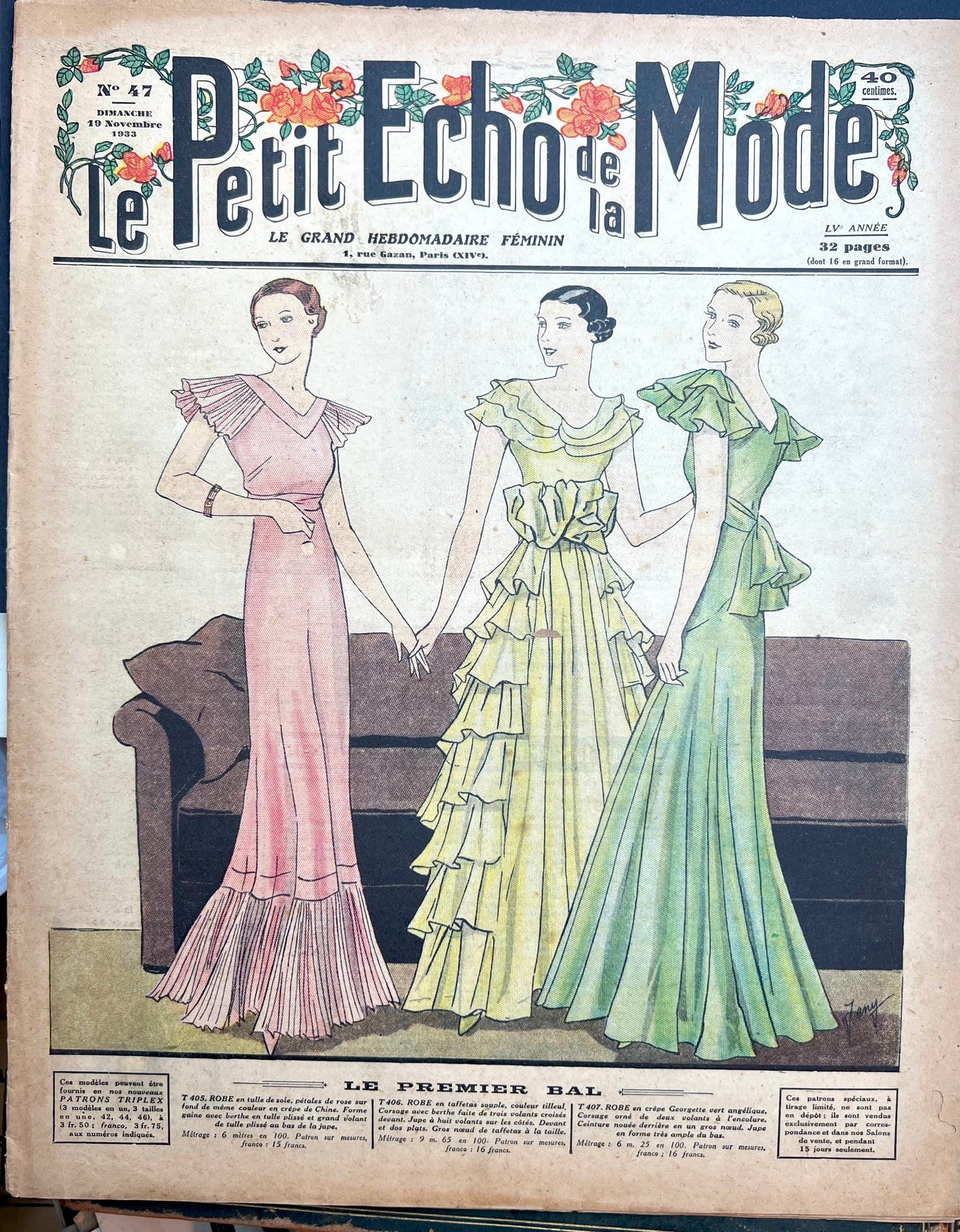 "The First Ball" November 1933 French Fashion Paper Le Petit Echo de la Mode