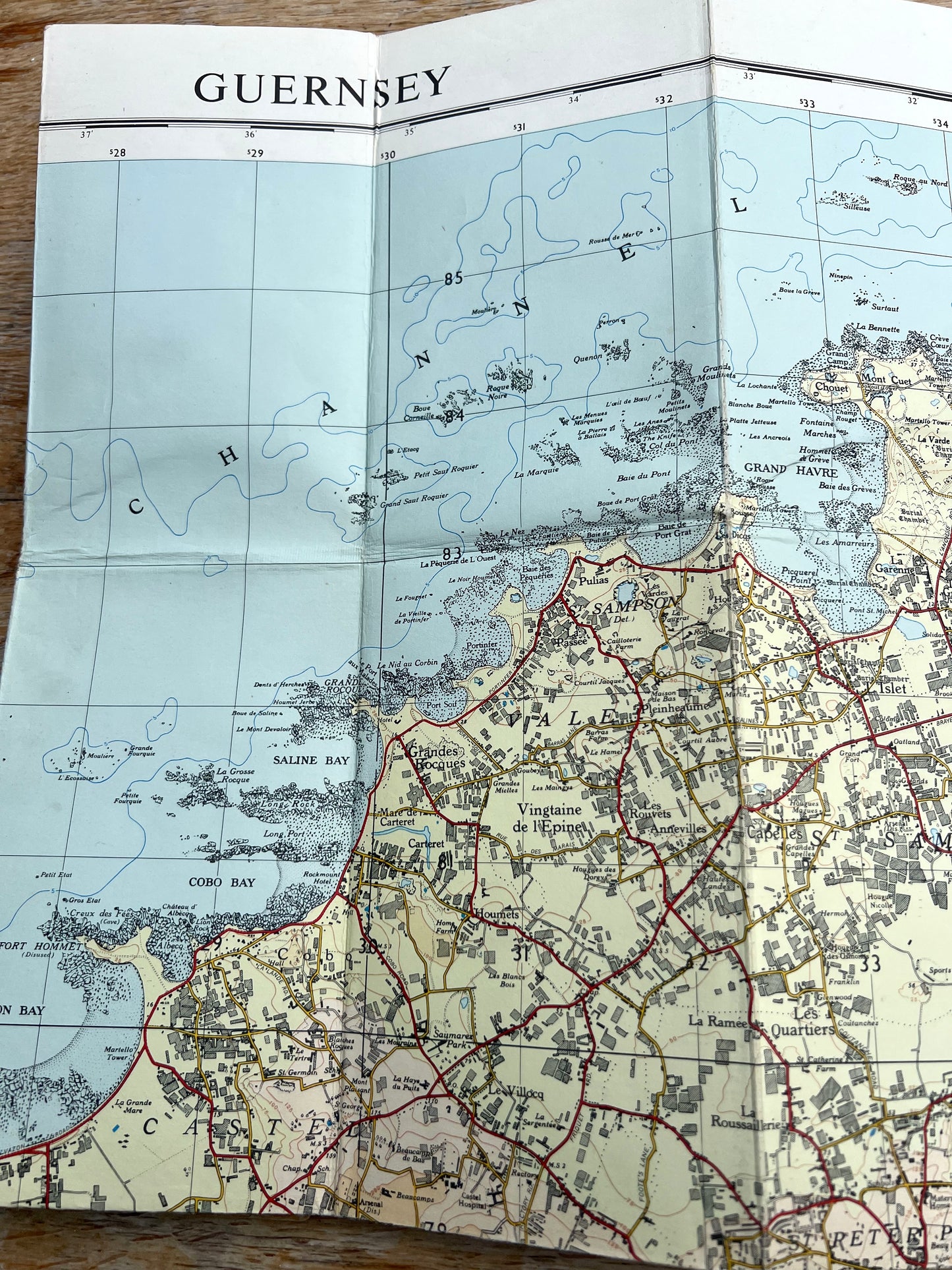 1958 Cloth Backed 3" to 1 mile Ordnance Survey Map of Guernsey Revisions to 1955/6