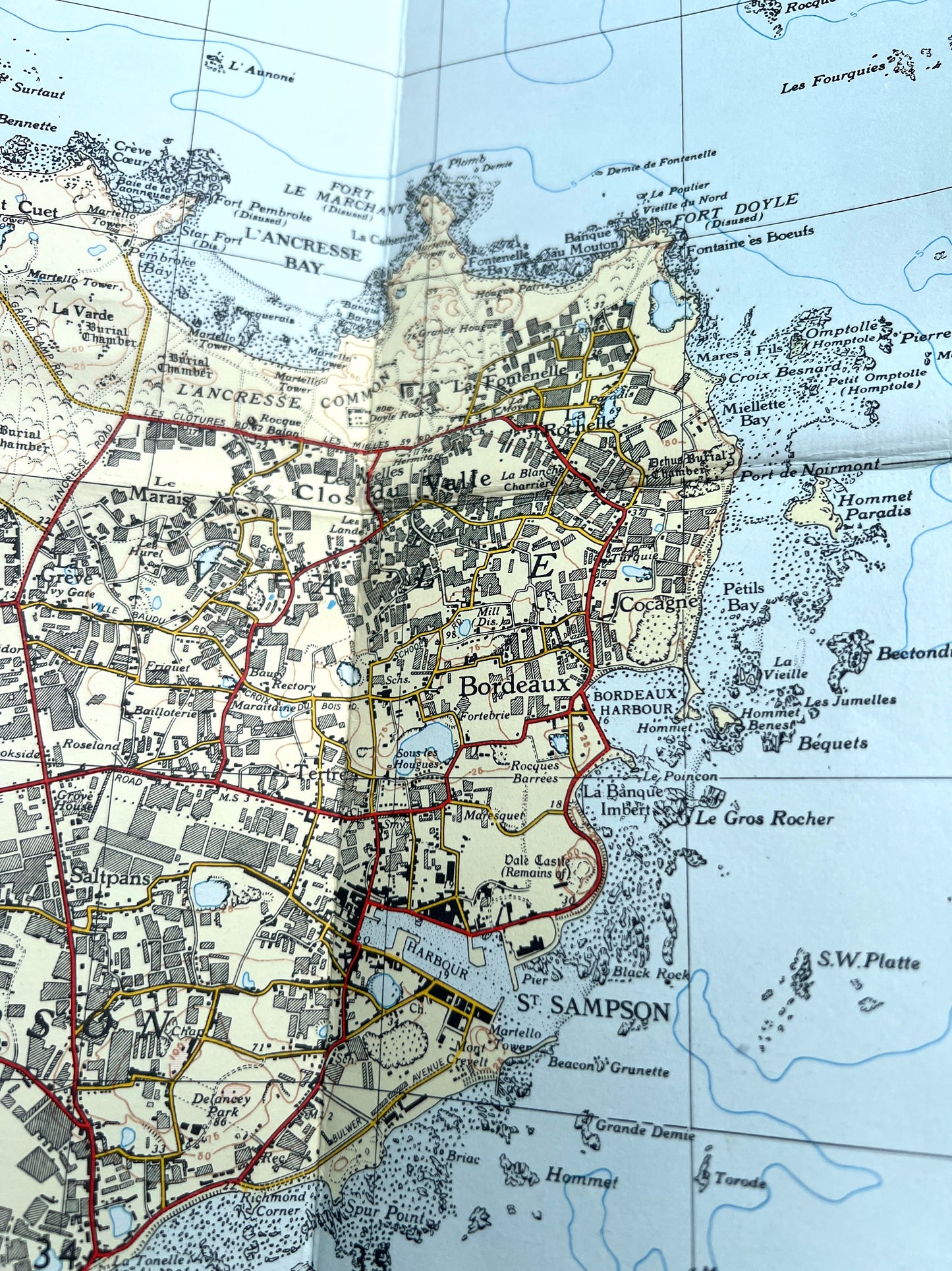 1958 Cloth Backed 3" to 1 mile Ordnance Survey Map of Guernsey Revisions to 1955/6