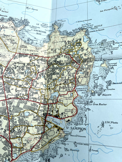 1958 Cloth Backed 3" to 1 mile Ordnance Survey Map of Guernsey Revisions to 1955/6