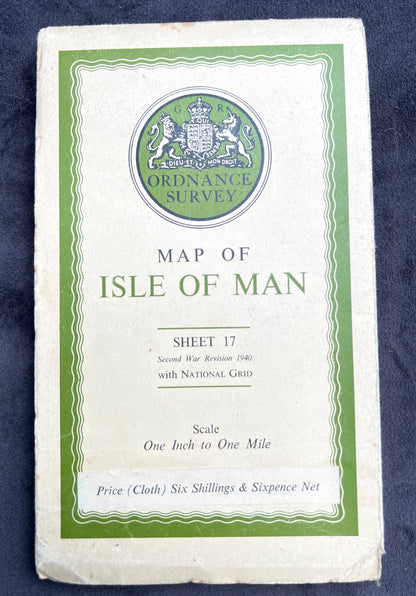 1940 Cloth Backed 1" to 1 mile Ordnance Survey Map of Isle of Man Revisions to 1955/6