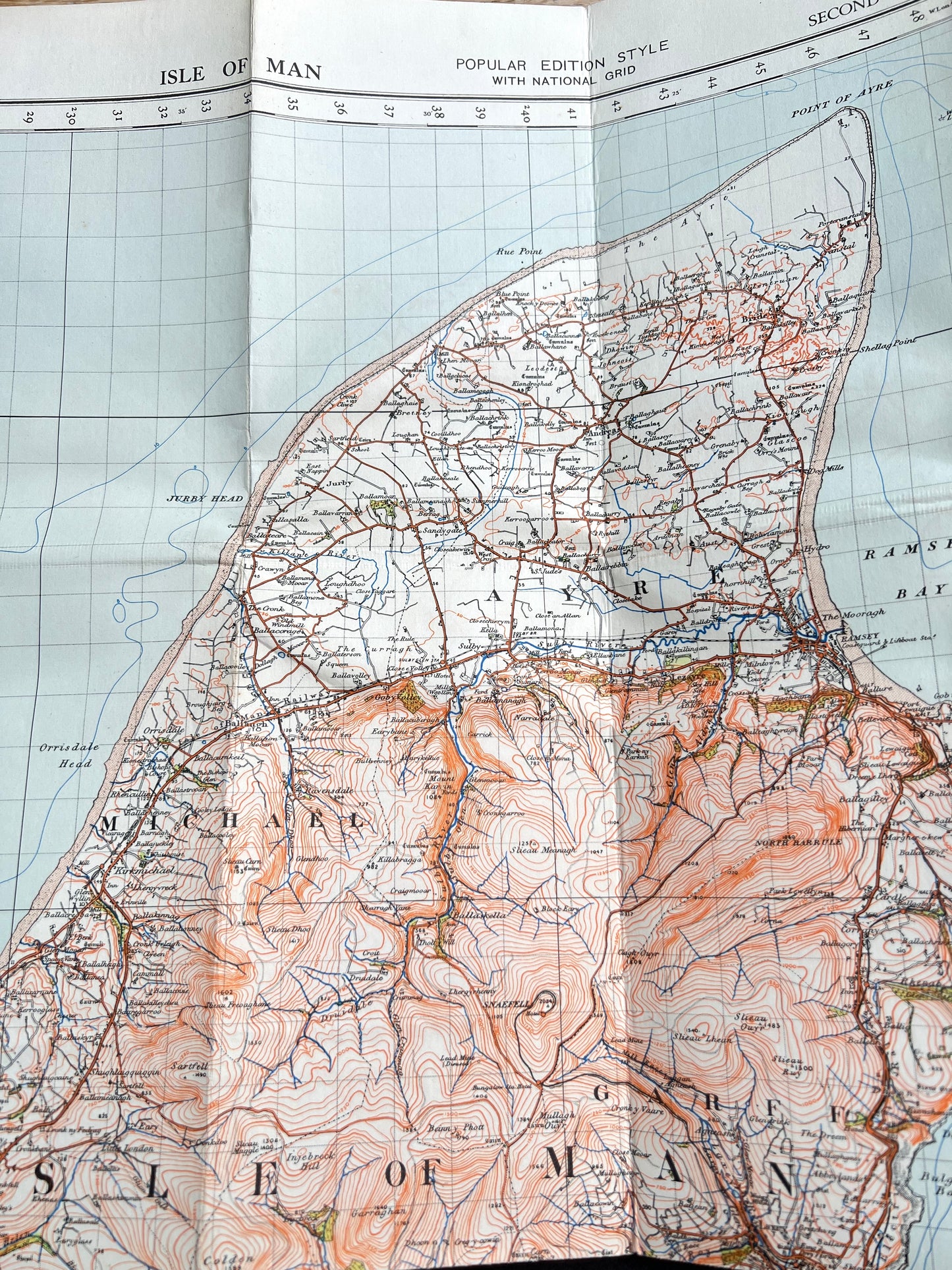1940 Cloth Backed 1" to 1 mile Ordnance Survey Map of Isle of Man Revisions to 1955/6
