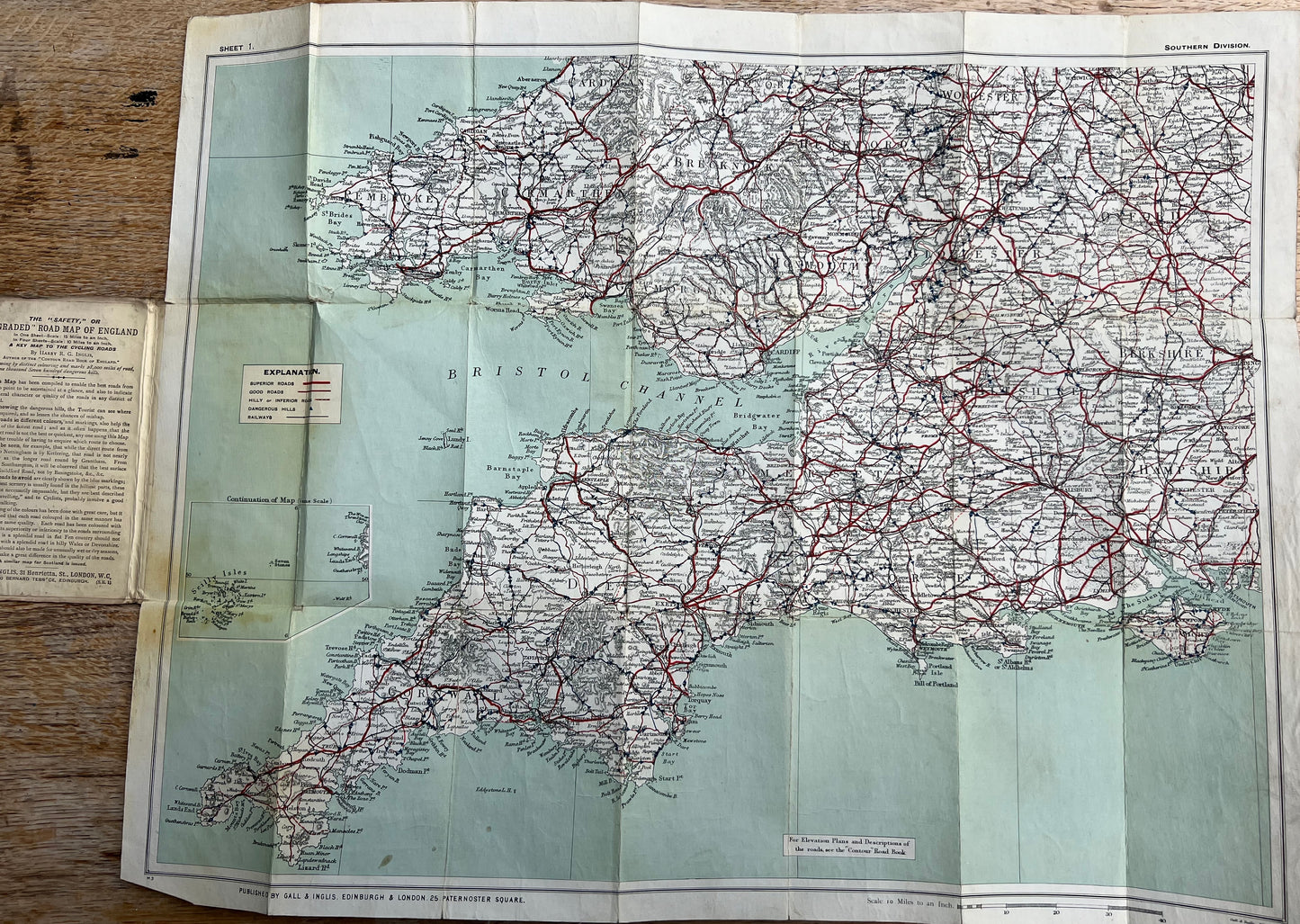 1900s Cloth Gall + Inglis  Cyclists "SAFETY GRADED ROAD MAP" of SW England Sheet 1.
