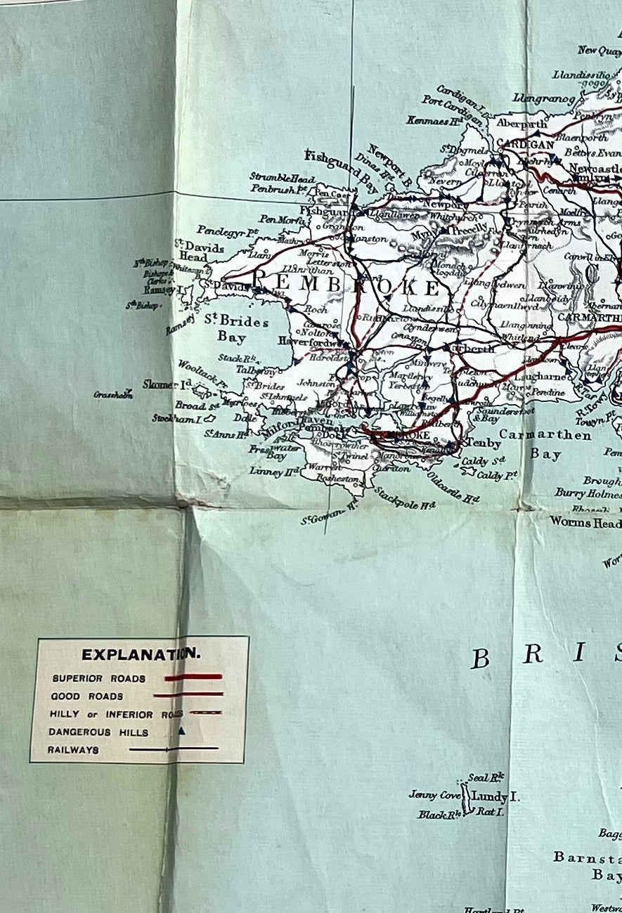 1900s Cloth Gall + Inglis  Cyclists "SAFETY GRADED ROAD MAP" of SW England Sheet 1.