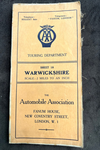 Early 1900s Dissected Cloth AA Map of Warwickshire icl. Birmingham 2 miles to 1"