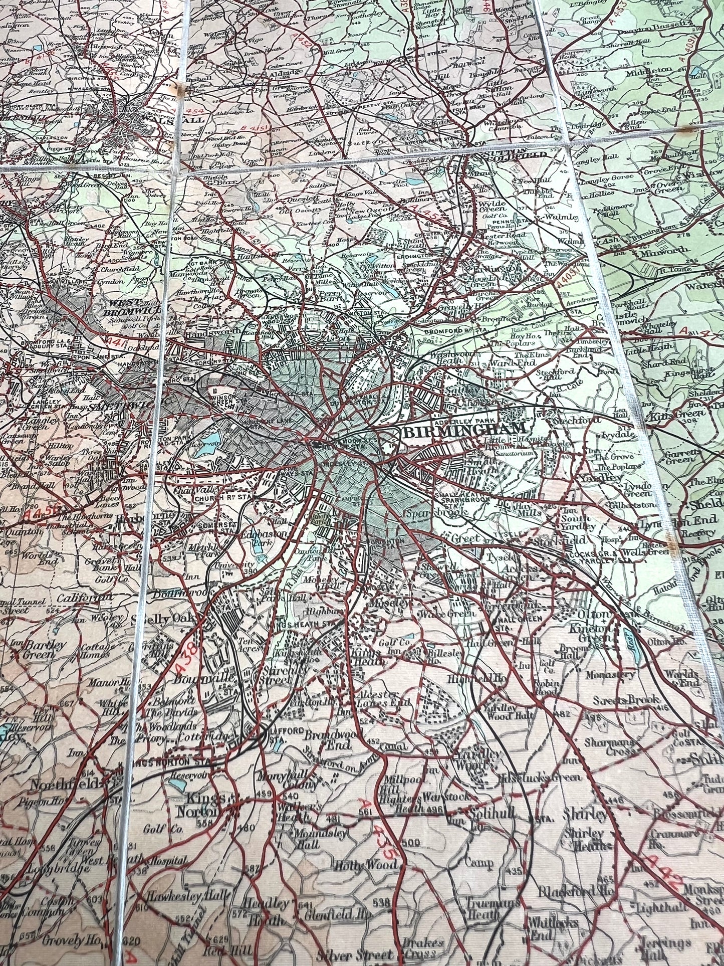 Early 1900s Dissected Cloth AA Map of Warwickshire icl. Birmingham 2 miles to 1"