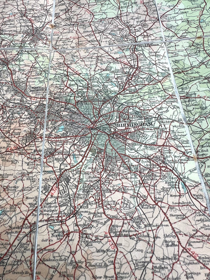 Early 1900s Dissected Cloth AA Map of Warwickshire icl. Birmingham 2 miles to 1"