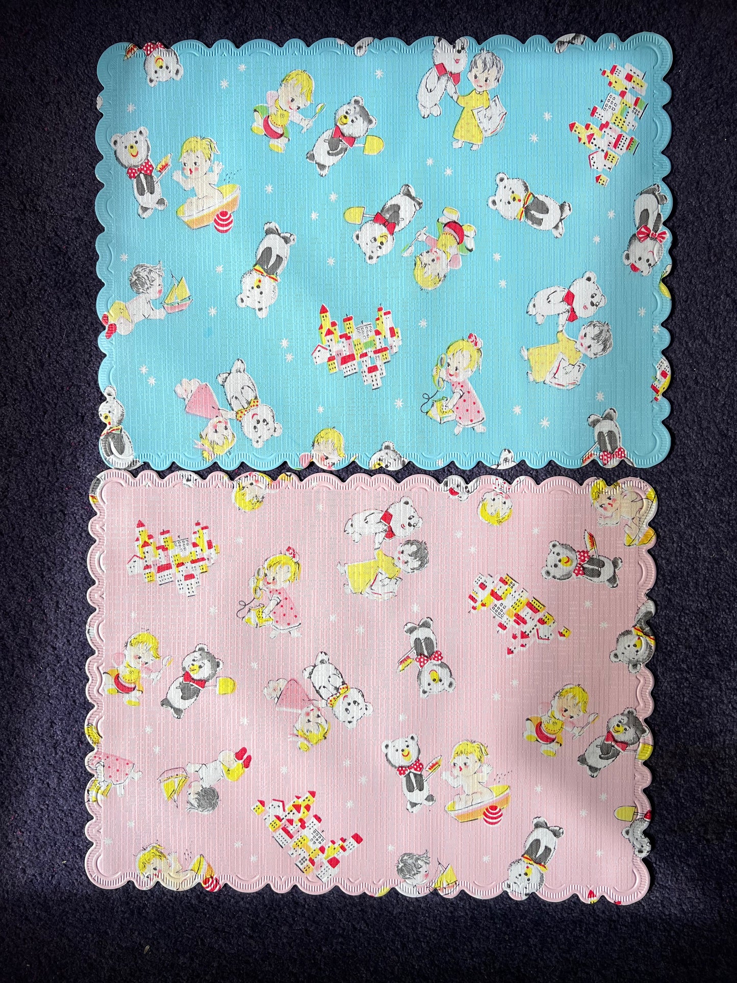 Delightfully Whimsical 1950s Wipe Clean Childrens Mat - Pink or Blue