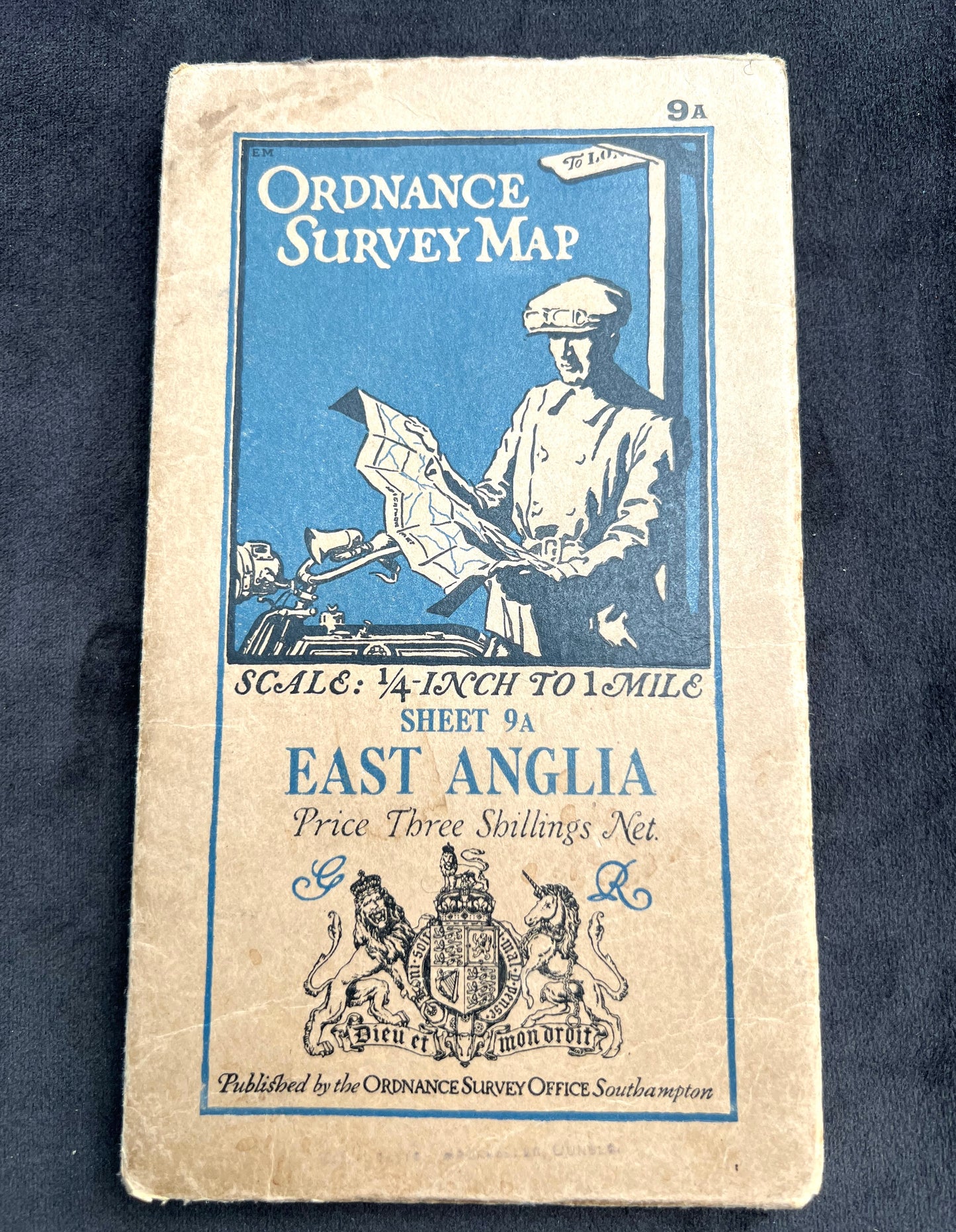 1920s Cloth Backed ORDNANCE SURVEY MAP of East Anglia 1/4" to 1 Mile Sheet 9A