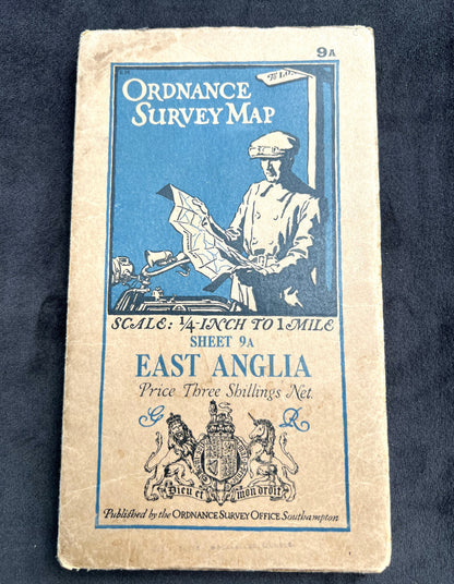 1920s Cloth Backed ORDNANCE SURVEY MAP of East Anglia 1/4" to 1 Mile Sheet 9A