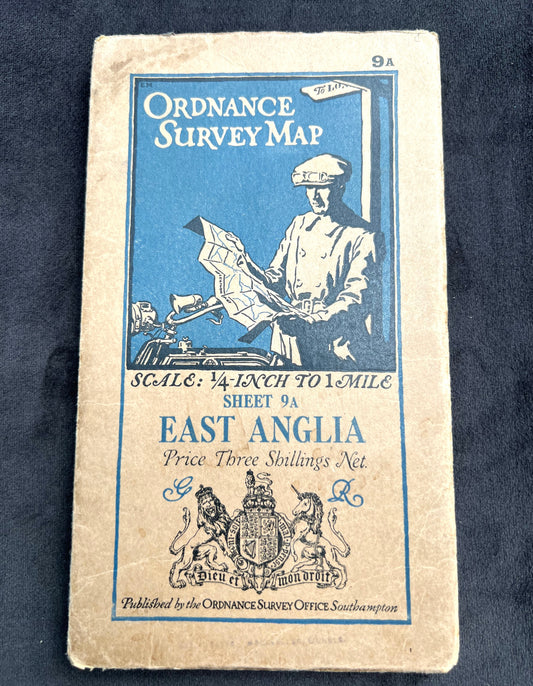 1920s Cloth Backed ORDNANCE SURVEY MAP of East Anglia 1/4" to 1 Mile Sheet 9A