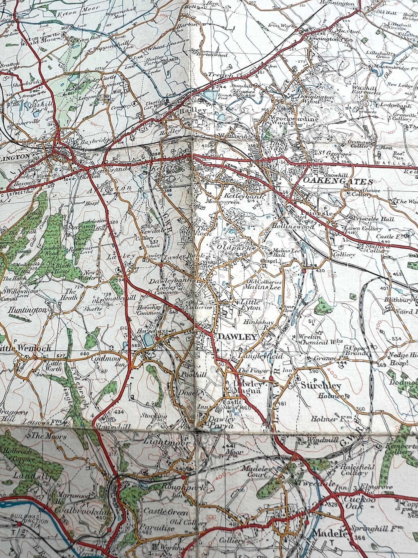 1921 ORDNANCE SURVEY Contoured Road Map of WOLVERHAMPTON, Staffordshire & Shropshire. 1" to 1 Mile