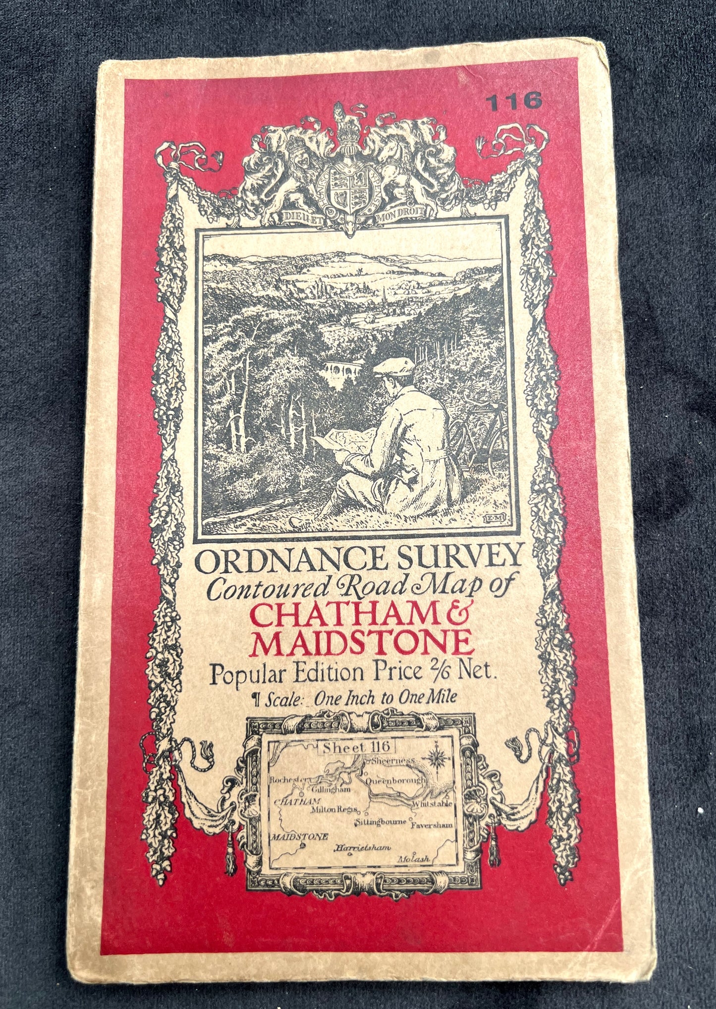1920s ORDNANCE SURVEY Contoured Cloth MAP of CHATHAM + MAIDSTONE 1" to 1 Mile Sheet 116
