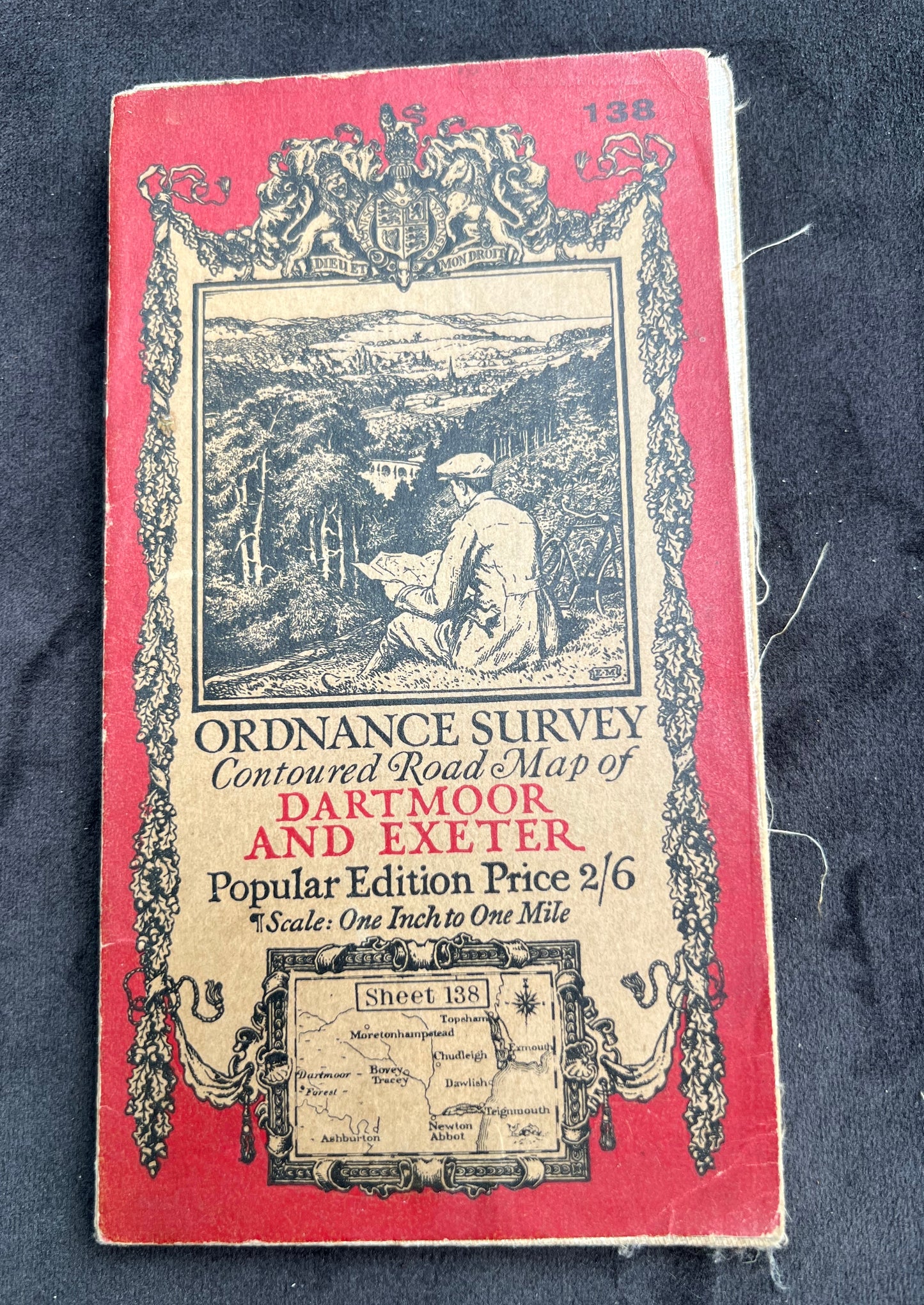 1920s ORDNANCE SURVEY Contoured Cloth MAP of DARTMOOR + EXETER 1" to 1 Mile Sheet 138
