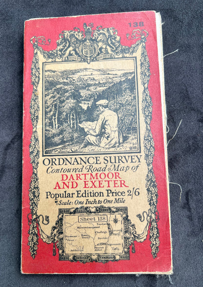 1920s ORDNANCE SURVEY Contoured Cloth MAP of DARTMOOR + EXETER 1" to 1 Mile Sheet 138